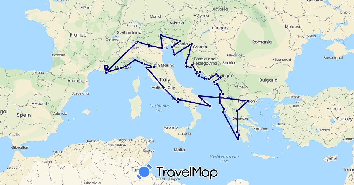 TravelMap itinerary: driving in Albania, France, Greece, Croatia, Italy, Montenegro, Slovenia (Europe)